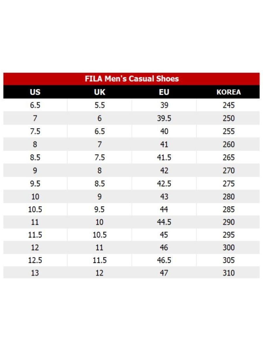 Fila shoes chart size sale