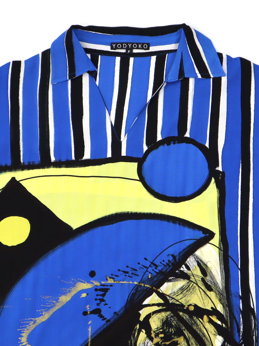 YODYOKO Woman Blouse - Blue : Abstract blue and Black on a yellow